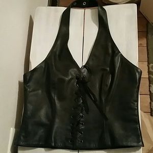 Cropped leather halter top